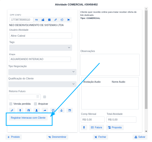 Registro de interação com cliente