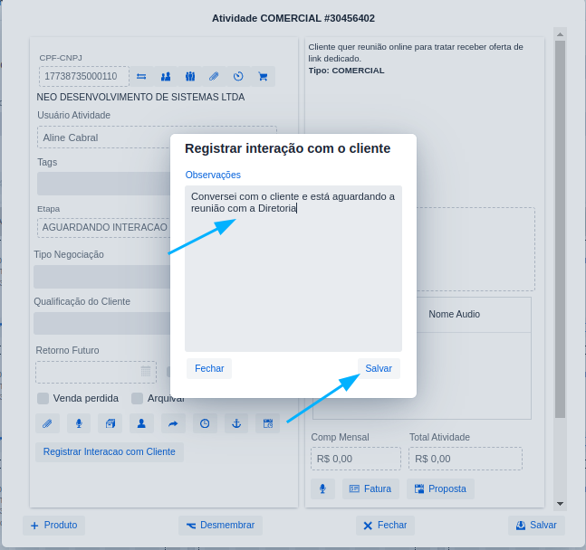 Registro um comentario da sua interação