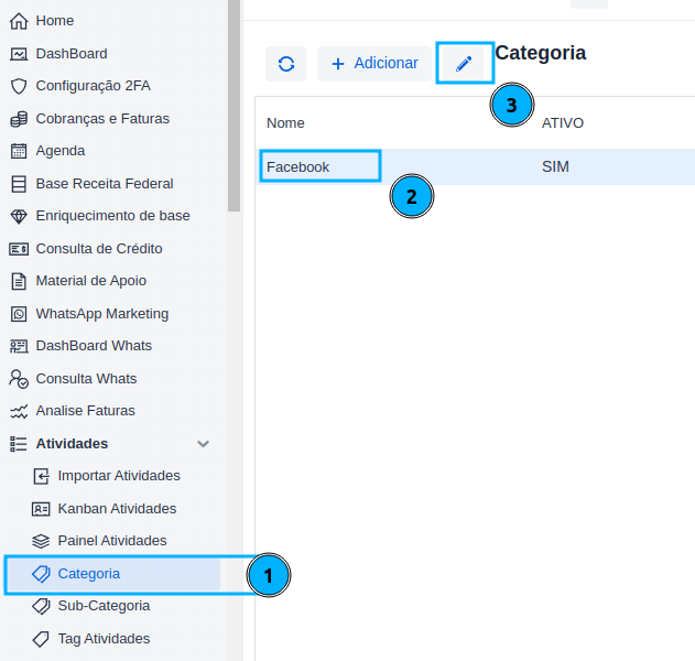 Editando nome da opção da categoria