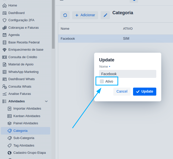 Inativando uma opção de categoria